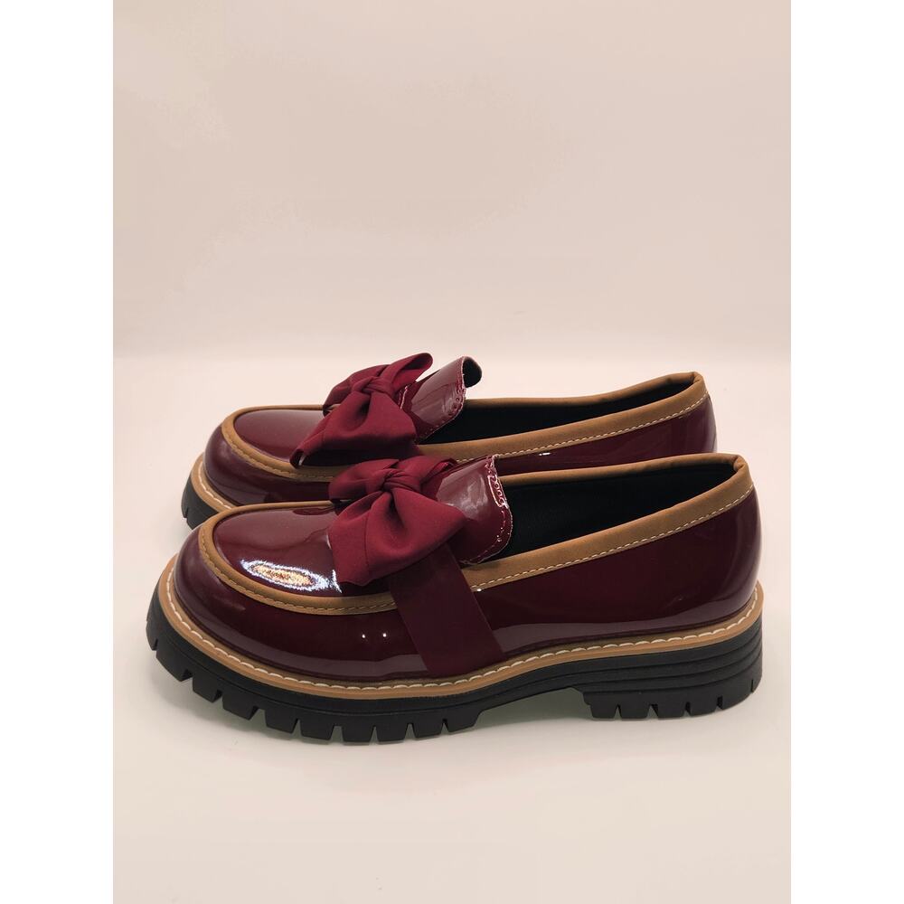 Women's Patent Leather Bow Loafers Burgundy Chunky Lug Sole EU 41 US 10 New - Picture 3 of 6